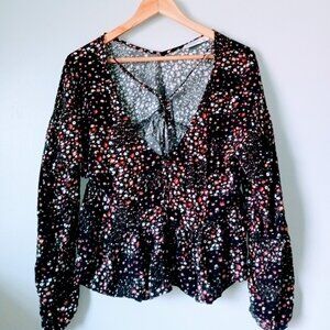 Arizona Black with Pink and White Polka Dot V Neck Crop Top with Long Sleeves